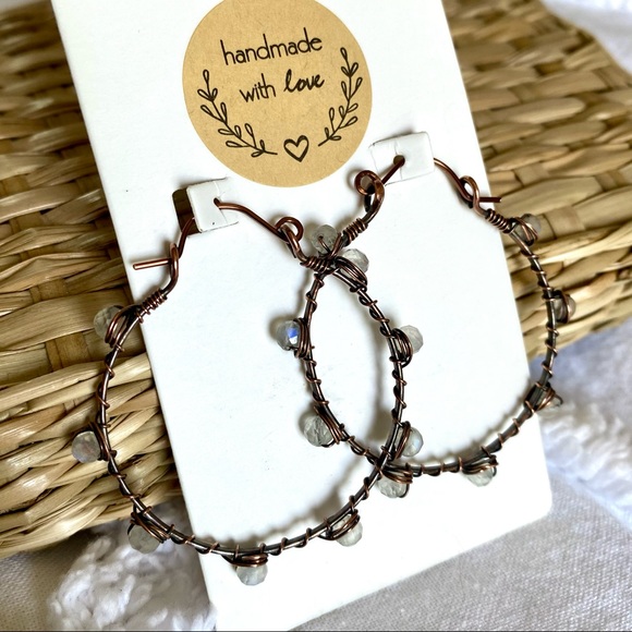 Handcrafted Moonstone + Hammered Copper Hoop Earrings - Picture 3 of 9